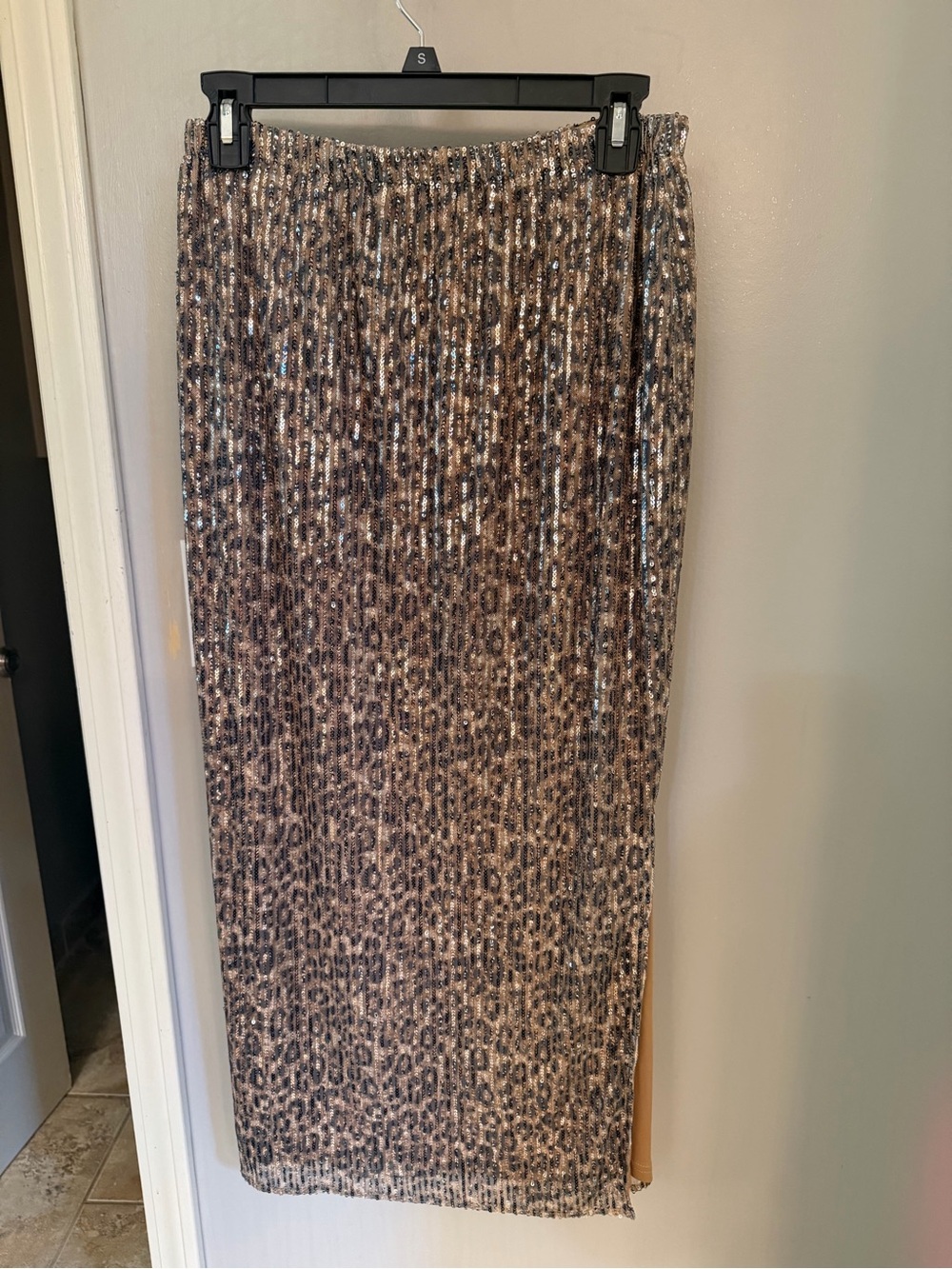 Elan Sequin Leopard Maxi Skirt in Brown and Black